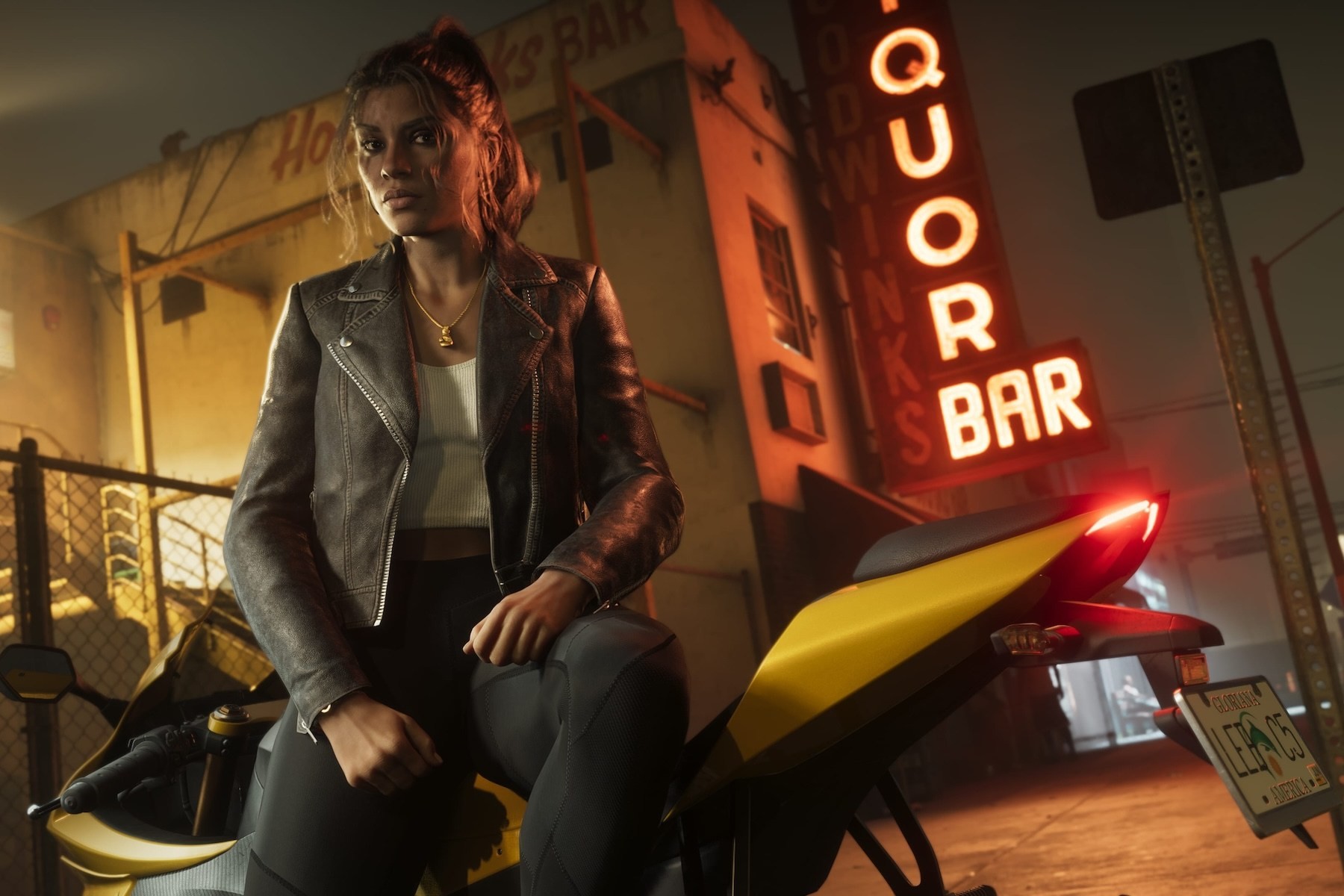 Official promotional artwork for Grand Theft Auto VI showing protagonist Lucia Caminos in Vice City