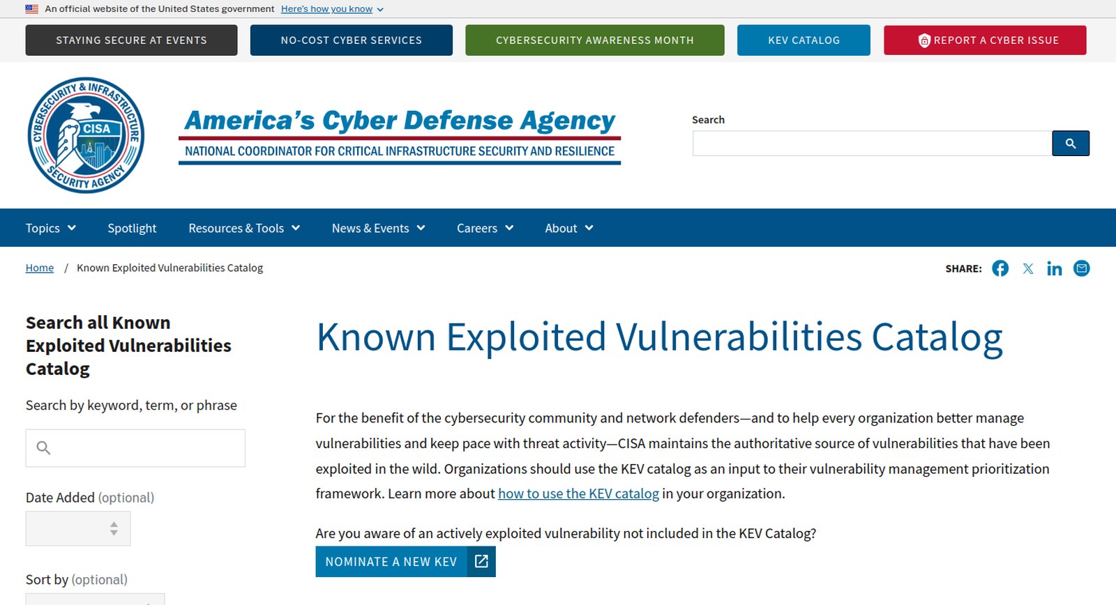 CISA's Known Exploited Vulnerabilities Catalog homepage